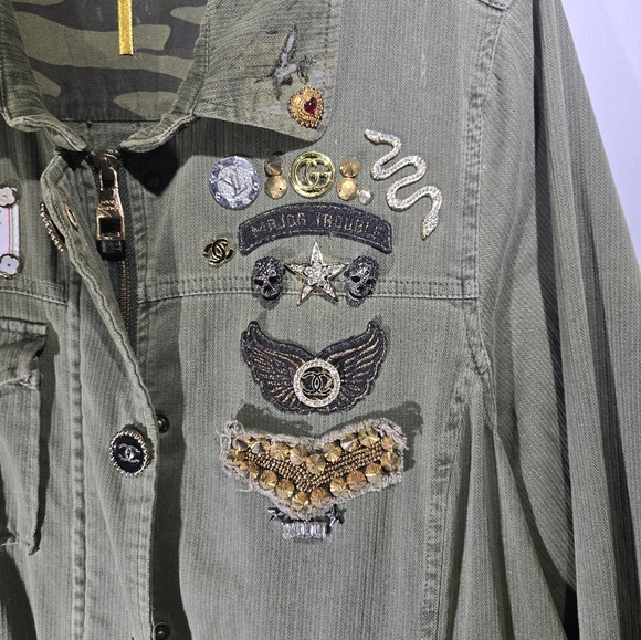 Military jacket size xl, designer inspired patchwork jacket, womens - Picture 4 of 11